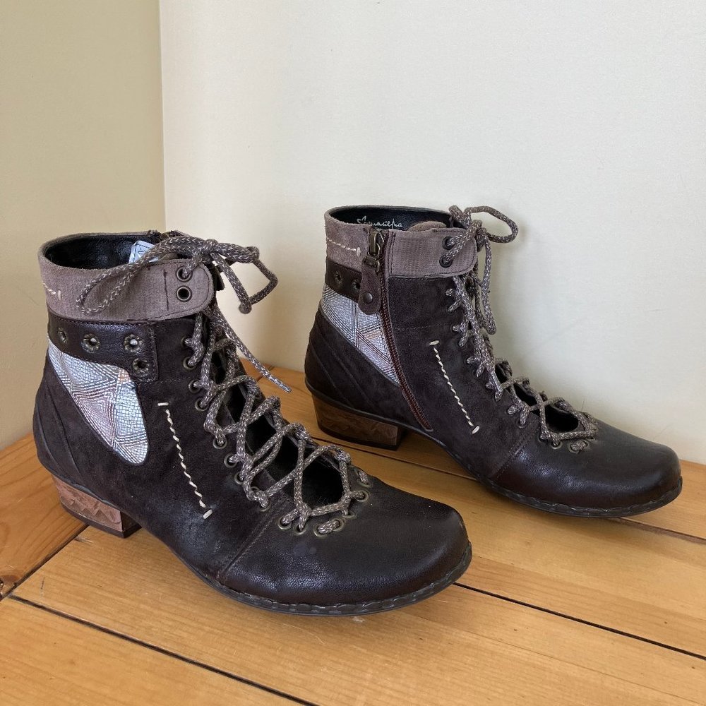 Maciejka Brown Leather Ankle Boots Fleece Lining Side Zip Patchwork Look